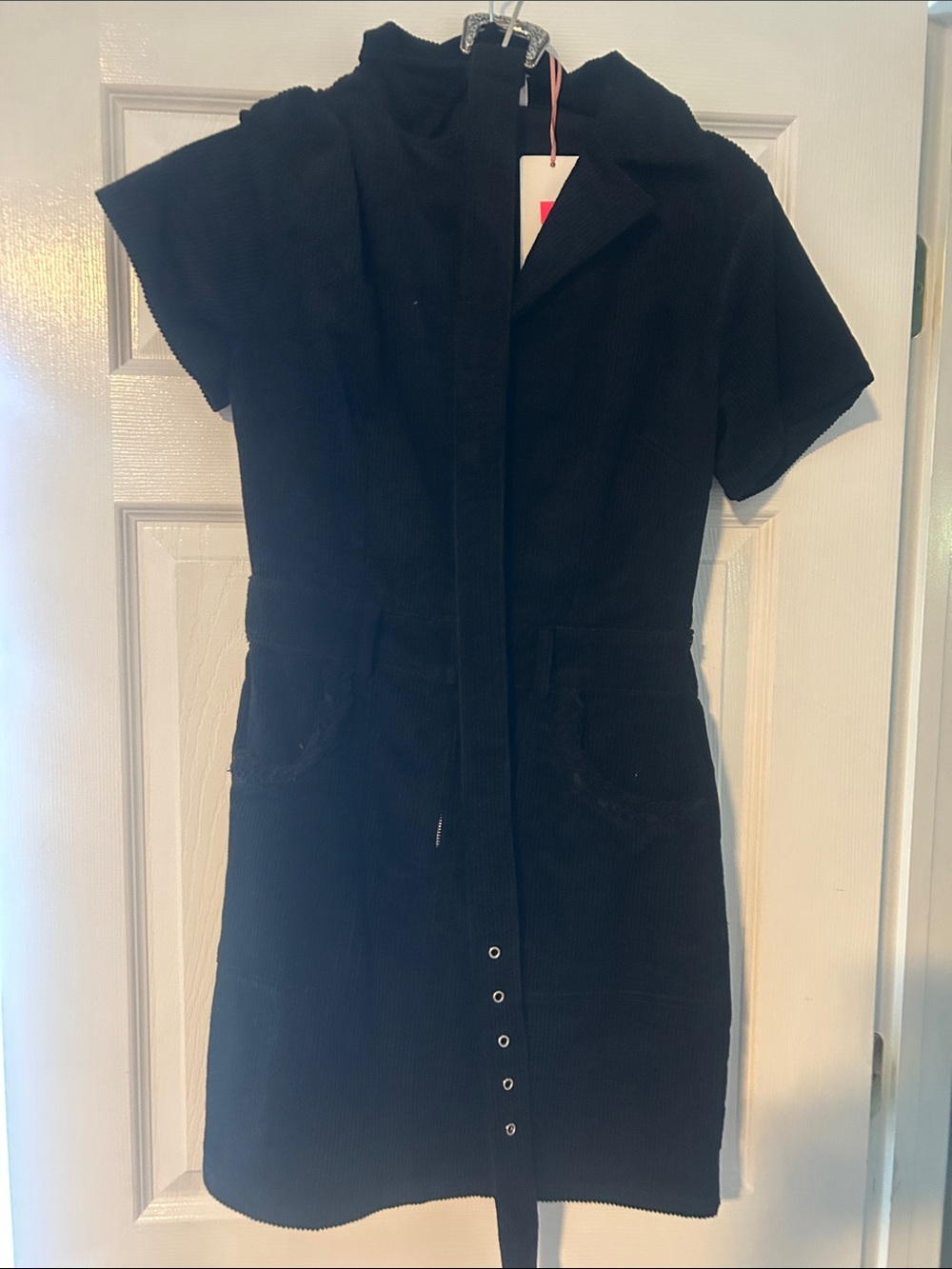 Black Short-Sleeve Mini Corduroy Dress with Front Zip Detail